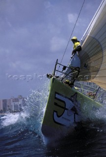 Start Fort Lauderdale - WRTWR 97/8 Bowman on foredeck of Whitbread 60 in rough sea - Whitbread Round the World Race 1997 - 1998