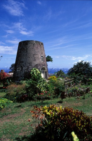 Old sugar mill and garden Nevis Caribbean