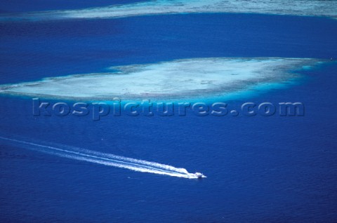 Powerboat speeds passed shallow reef Polynesia