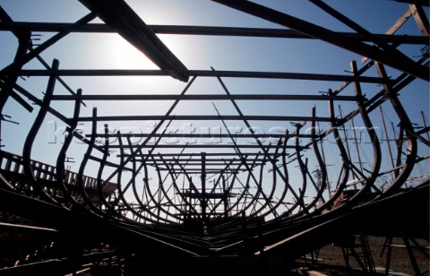 The frame of a wooden ship in build Caicchi Shipyard Turkey