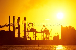 Container ship port in the sunset