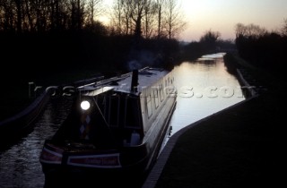 Narrow boat on the Kennet and Avon canal in winter, UK