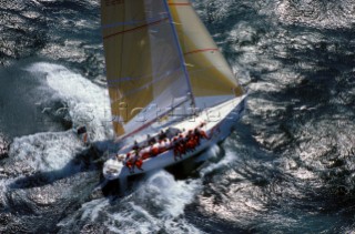 Aerial view of racing yacht Oracle in rough seas during the 1991 Admirals Cup
