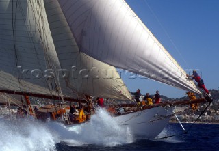 Cannes, France 25 September 2003. Prada Challenge for Classic Yachts - Regates Royales 2003. Third day - no racing for heavy wind conditions . Belle Aventure. Photo:Guido Cantini/