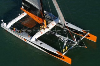 Sail Trials of the new Maxi cat of Bruno Peyron - Orange. Launch of the new Maxi Catamaran Ornage owned and skippered by Bruno Peyron.