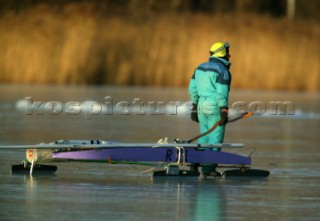 Gyenesdias 22 January 2004. DN ICE SAILING WORLD CHAMPIONSHIP. Andrei Astashev  R 21  Ice boat dismasted.