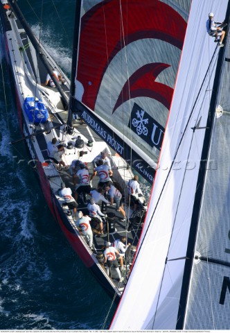 Switzerlands Alinghi Challenge lead Team New Zealands NZL82 during race two of the Americas Cup in A
