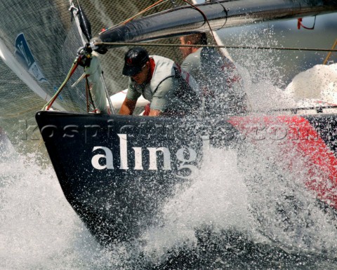 Switzerlands Alinghi in action during the match against Americas Oracle in the fiifth race of the Lo