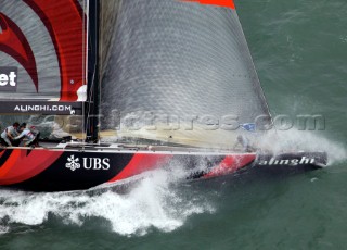 The Fourth race for the Americas Cup in Auckland, New Zealand, Friday, Feb. 28, 2003. New Zealand  against Switzerlands Alinghi. New Zealand failed to complete the race after her mast broke during the third leg.