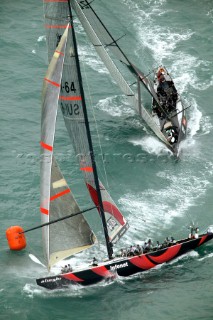 The Fourth race for the Americas Cup in Auckland, New Zealand, Friday, Feb. 28, 2003. New Zealand  against Switzerlands Alinghi. New Zealand failed to complete the race after her mast broke during the third leg.