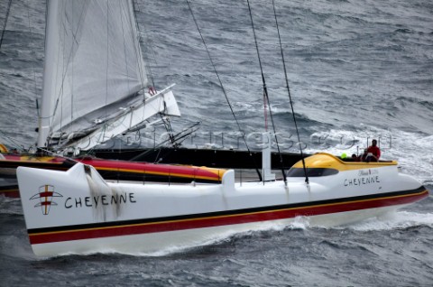 Maxi Cat Cheyenne owned by American Steve Fossett crosses the Finish after a record round the world 