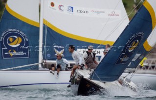 Australias Peter Gilmour of Pizza-La Sailing Team leads Denmarks Jesper Radich of Team Radich during the semi finals of the Investors Guaranty presentation of the King Edward VII Gold Cup 2003, Royal Bermuda Yacht Club, Hamilton, Bermuda. Oct, 25th. 2003   .