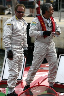 28/5/04.Valletta, Malta:Doug Valentine and Giancarlo Cangiano, wait for their boat to be lifted after testing in Malta