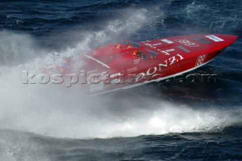 A powerboat crashes through a wave during the Powerboat P1 World Championship Malta