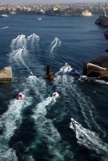 29/5/04, Valletta, Malta: The fleet power back into the port of Valletta, after 6 laps in very rough conditions.