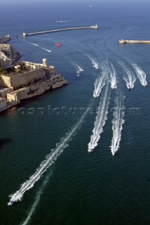 29/5/04, Valletta, Malta: The fleet power into the harbour of Valletta after 6 laps on the east coast of Malta