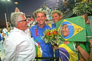 Athens 28 08 2004. Olympic Games 2004  . Star. Prada Chairman PATRIZIO BERTELLI with TORBEN GRAEL - MARCELO FERREIRA (BRA)  at the Star Medal Cerimony in Athens. Gold Medal.