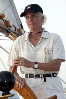 Elizabeth Meyer helming the classic yacht Eleanora in St tropez