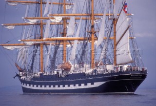 Tall ship Kruzenstern with sails furled