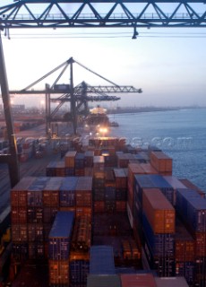 Cranes loading containers at the Port of Antwerp, Belgium