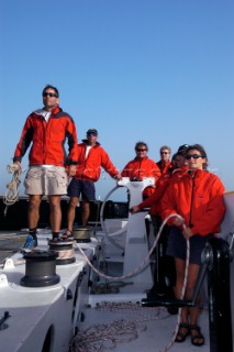 From left skipper David Scully, crew Gerard Navarin, watch captain Herve Jan, navigator Wouter Verbraak, crew Claire Bailey on Cheyenne