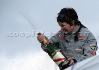 Ellen MacArthur of trimaran B&Q winning the round the world solo sailing record of 71 days, 14 hours and 33 seconds