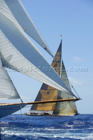 Antigua Classic Yacht Regatta 2003 Velsheda through bow of Eleonora