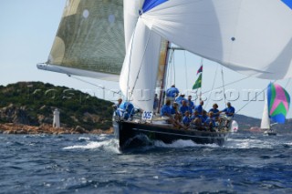 Swan yacht sailing down wind under spinnaker