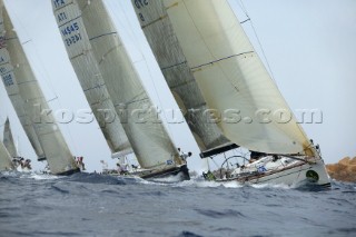 Fleet of Swan yachts beating upwind
