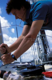 Simon Le Bon of Duran Duran onboard his Whitbread maxi yacht Drum