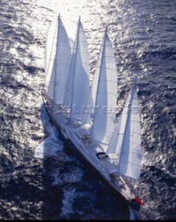 Aerial view of luxury megayacht Phocea under full sail
