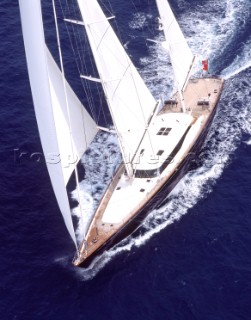 Aerial view of luxury superyacht Squall under full sail