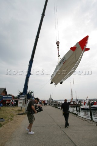 Lifting boat into water at the Powerboat P1 World Championships 2005  Travemunde Germany