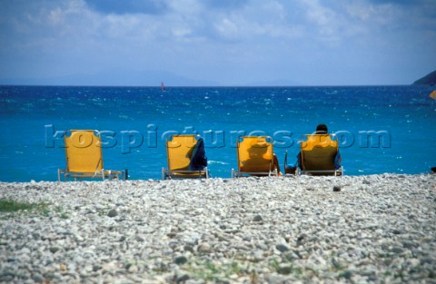 Sunbeds on the beach Vassiliki Lefkas Greece