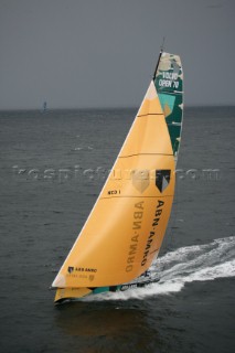 The Volvo Ocean Race fleet head head out to sea at the start of leg one from Vigo, Spain. ABN  AMRO ONE