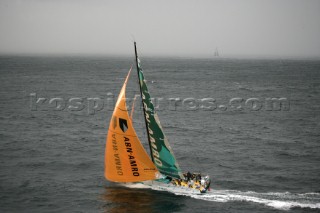 The Volvo Ocean Race fleet head head out to sea at the start of leg one from Vigo, Spain. ABN  AMRO TWO