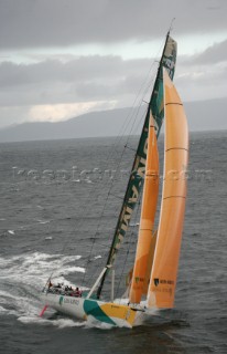 The Volvo Ocean Race fleet head head out to sea at the start of leg one from Vigo, Spain.