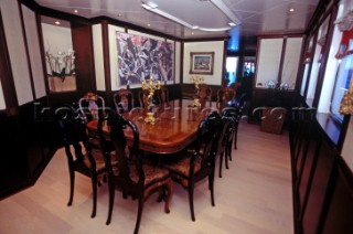 Dining Room. Flavio  Briatore Managing Director of Renault F1 Team France in Viry-Châtillon, on board of his yacht Force Blue. SALES ONLY FOR UK