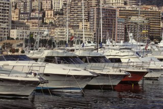Bows of motor boats moored in Monaco Harbour