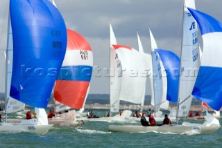 COWES, ENGLAND - AUGUST 1: Close racing in the International Etchells One Design fleet during Day 4 of Skandia Life Cowes Week 2006. (Photo by Kos/Kos Picture Source via Getty Images)