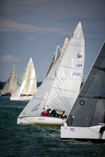 COWES, ENGLAND - JULY 29: Sailors in the fast Sportsboat Class short tack along the shoreline during Day 1 of Skandia Life Cowes Week 2006. (Photo by Kos/Kos Picture Source via Getty Images)