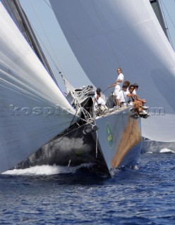 PORTO CERVO, SARDINIA - SEPT 6th 2006: The Wally maxi yacht J ONE (Fra) owned by Jean Charles Decaux (JC Decaux) power reaching under asymmetric spinnaker at the Maxi Yacht Rolex Cup 2006 in Porto Cervo, Sardinia. (Photo by Tim Wright/Kos Picture Source via Getty Images)
