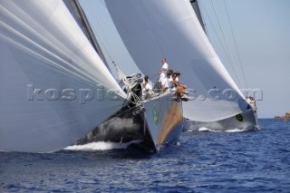 PORTO CERVO, SARDINIA - SEPT 6th 2006: The Wally maxi yacht J ONE (Fra) owned by Jean Charles Decaux (JC Decaux) power reaching under asymmetric spinnaker at the Maxi Yacht Rolex Cup 2006 in Porto Cervo, Sardinia. (Photo by Tim Wright/Kos Picture Source via Getty Images)