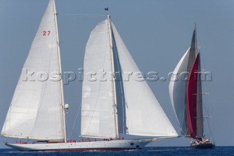 PORTO CERVO SARDINIA  SEPT 6th 2006 The 22000 square feet white sails of the gigantic 55 metre class
