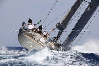 PORTO CERVO, SARDINIA - SEPT 9th 2006: The Wally maxi Y3K (GER) owned by Claus Peter Offen crashes through waves upwind during racing in the Maxi Yacht Rolex Cup on September 9th 2006. Y3K finsihed 4th overall in the IRC racing division. The Maxi Yacht Rolex Cup is the largest maxi regatta in the world, which attracts the fastest and most expensive sailing yachts to Porto Cervo, Sardinia bi-annually. (Photo by Tim Wright/Kos Picture Source via Getty Images)