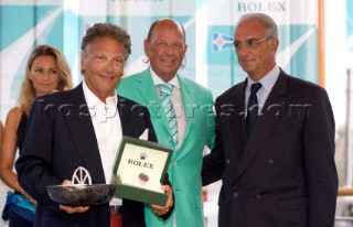 Porto Cervo, 08 09 2006. Maxi Yacht Rolex Cup 2006. Prizegiving,©Carlo Puri Negri, Owner Atalanta II, Patrick Heiniger, Ing Baiocchi Vicepresident YCCS.