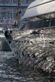 Reflections in the hull of the high tech and modern technology design of the superyacht megayacht Maltese Falcon owned by Tom Perkins