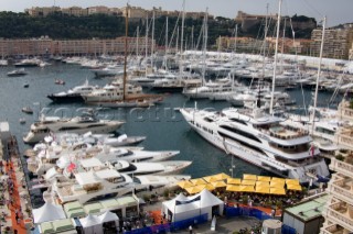 Motor boats and superyachts moored at the Monaco Yacht Show