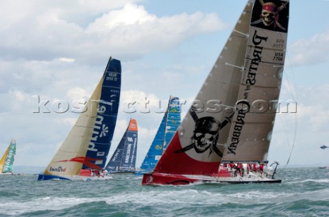 PORTSMOUTH UNITED KINGDOM  MAY 29 The Volvo 70 fleet cross the startline of the inshore race between