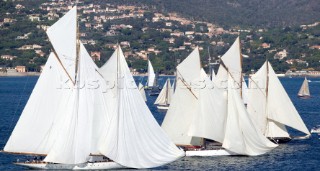 SAINT-TROPEZ, FRANCE - OCT 5th: The large classic schooners drift becalmed without wind on the startline on October 5th 2006. The largest classic and modern yachts from around the world gather in Saint-Tropez annually for a week of racing and festivities to mark the end of the Mediterranean season, before heading across the Atlantic to winter in the Caribbean